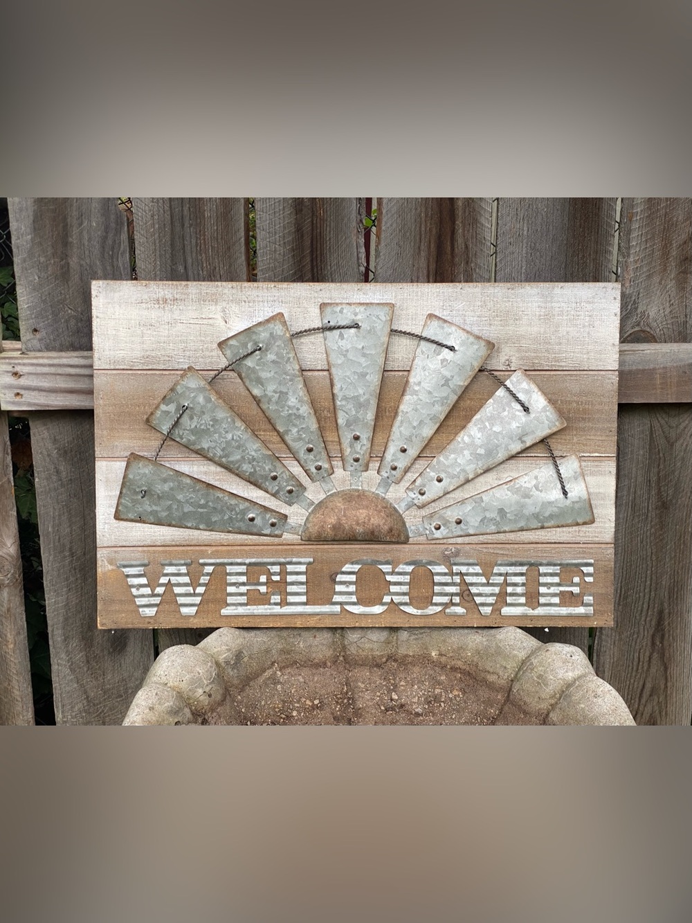 Rustic Welcome Sign with Metal Windmill Design